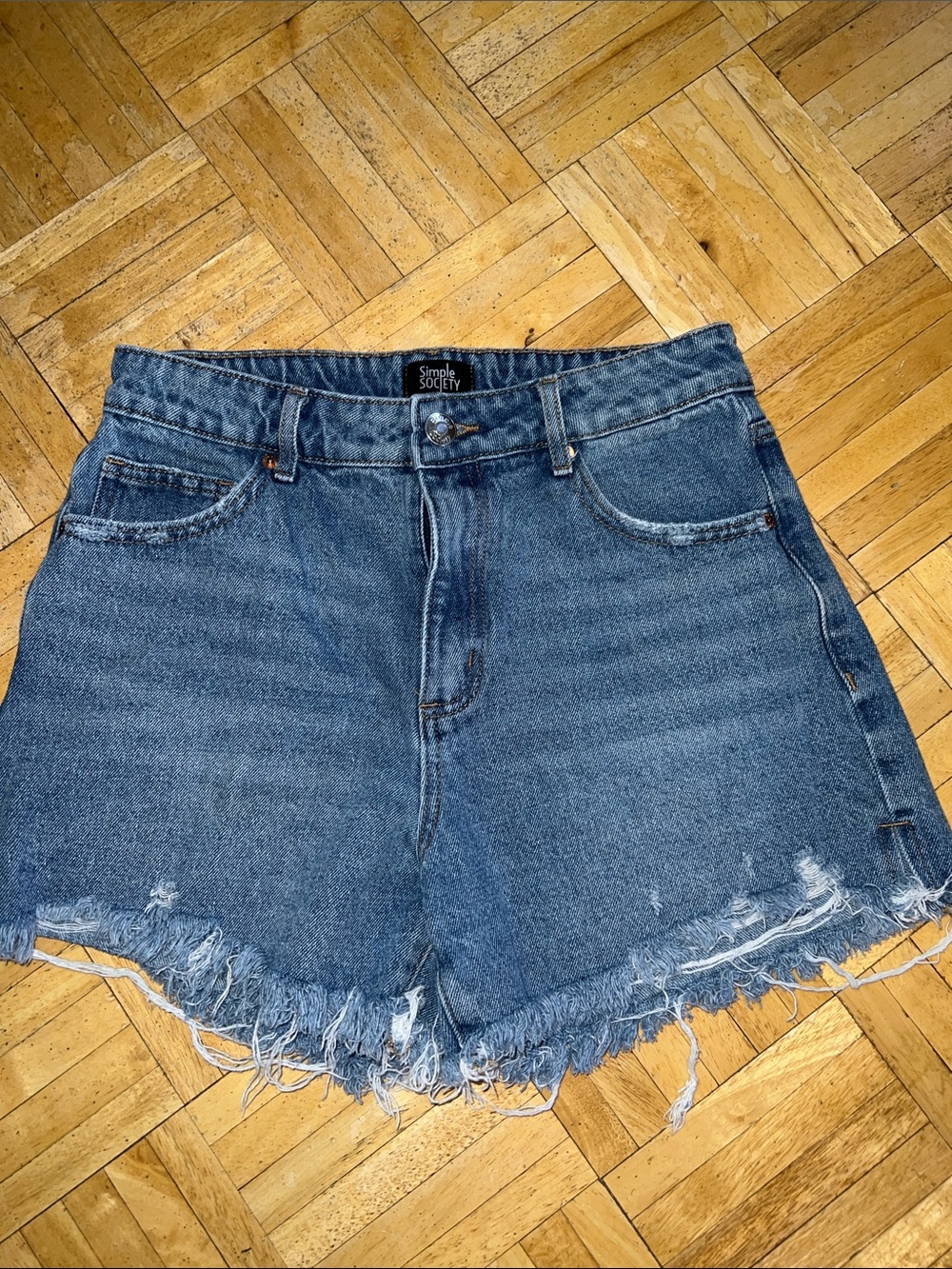 Simple Society Blue High-Rise Frayed Denim Shorts
